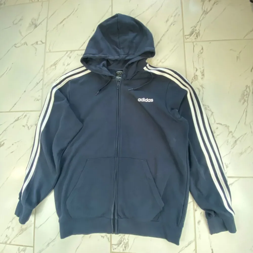 Adidas Men's L Navy Blue Full Zip Hooded Sweatshirt 3 Stripe Sleeves Hoodie Logo